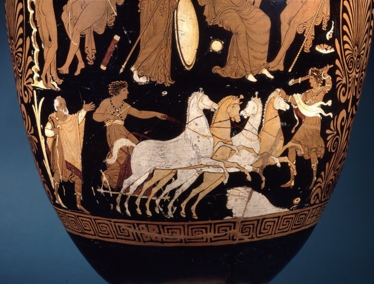 <em>La Mort d’Hippolyte</em>, par le peintre de Darius, détail d’un cratère apulien à figures rouges, 340-320 av. J.‑C., © The Trustees of the British Museum.